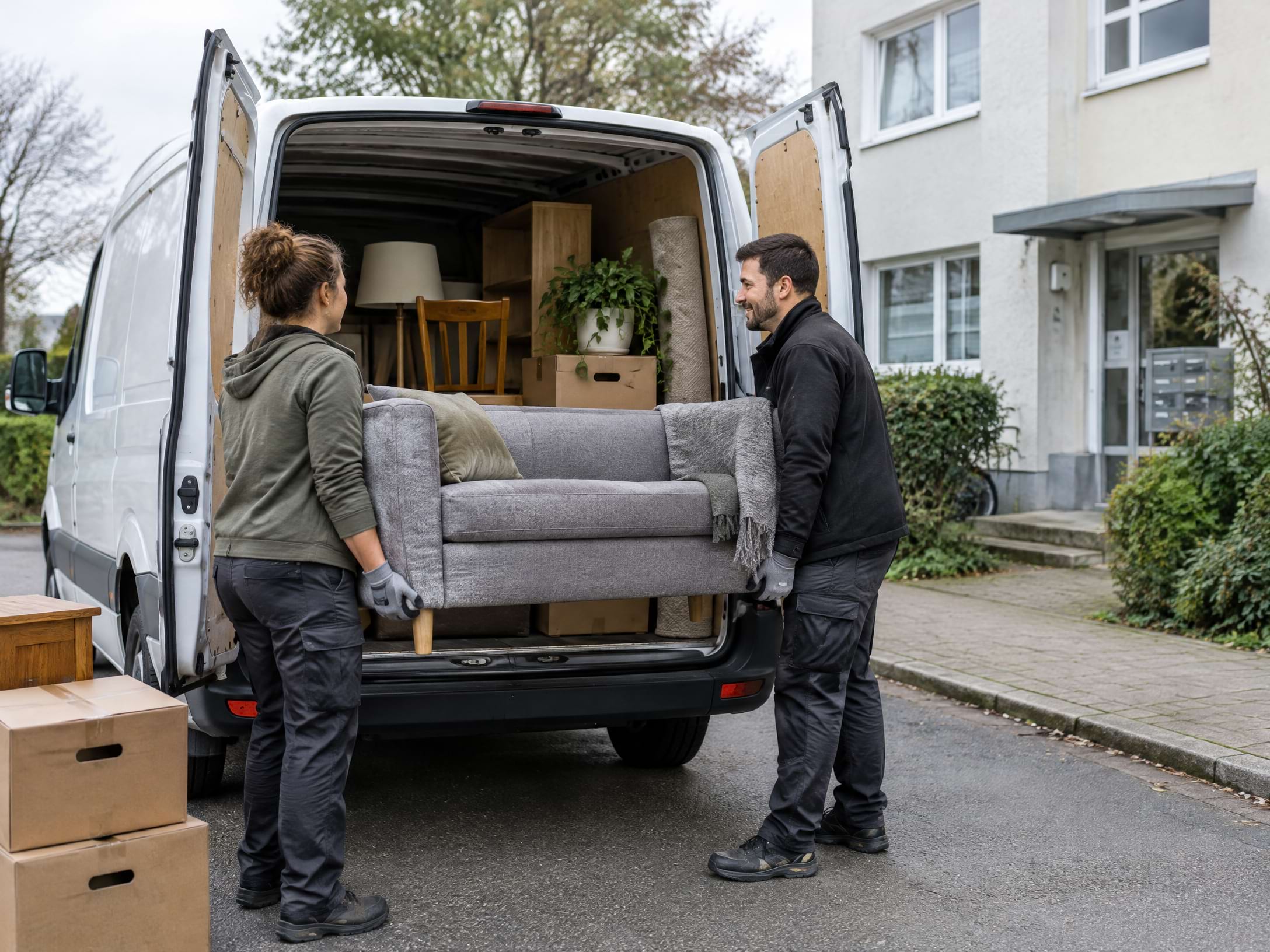 Mitarbeiter laden Möbel und Kartons für eine Haushaltsauflösung